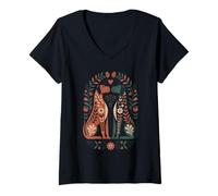 Mujer Perro Floral nórdico Arte Popular Romero escandinavo Camiseta Cuello V