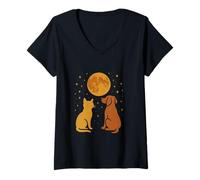Mujer Perro Gato Animales Amistad Noche Cielo Retro Camiseta Cuello V