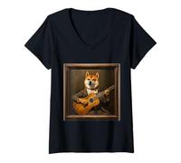 Mujer Perro Guitarra Shiba Inu Camiseta Cuello V