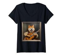 Mujer Perro Guitarra Shiba Inu Camiseta Cuello V