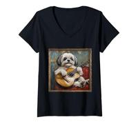 Mujer Perro Guitarra Shiba Inu Camiseta Cuello V