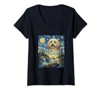 Mujer Perro Habanero, Luna, aullido, Noche Estrellada, Estilo Van Gogh Camiseta Cuello V