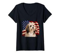 Mujer Perro Habanero patriótico del 4 de Julio, Bandera de los Estados Unidos, Amante de la habanera Camiseta Cuello V