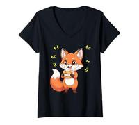 Mujer Perro Kawaii Red Fox Forest Comiendo alegremente Camiseta Cuello V