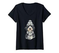 Mujer Perro Labradoodle Blanco y Negro de Invierno con Gorro y Bufanda acogedores Camiseta Cuello V