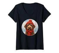 Mujer Perro Labradoodle de Chocolate de Invierno con Gorro y Bufanda acogedores Camiseta Cuello V
