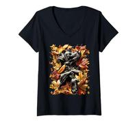 Mujer Perro Labrador Negro con Hojas de otoño Temporada otoñal Camiseta Cuello V