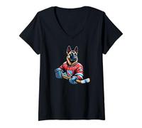 Mujer Perro Malinois Juega Al Hockey Sobre Hielo Camiseta Cuello V