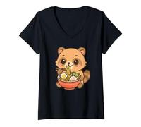 Mujer Perro Mapache japonés Comiendo Fideos Ramen Kawaii Lindo Divertido Camiseta Cuello V