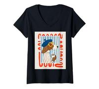 Mujer Perro Parisino con Boina y café Lindo ilustración Camiseta Cuello V