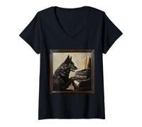 Mujer Perro piano pastor alemán negro Camiseta Cuello V