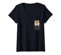 Mujer Perro Pomerania en el Bolsillo Mirando Lindo Cachorro Perro Camiseta Cuello V