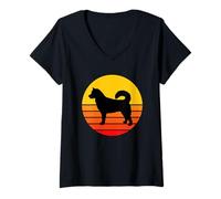 Mujer Perro Raza Laika de Siberia Oriental Perro Silueta Retro Camiseta Cuello V