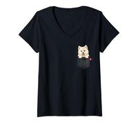 Mujer Perro Samoyedo en el Bolsillo Mirando Lindo Cachorro Perro Camiseta Cuello V