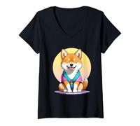 Mujer Perro Shiba Inu feliz meditando con una gran sonrisa Camiseta Cuello V
