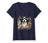 Mujer Perro Spaniel Tibetano Verano Flores Silvestres Obra De Arte Camiseta Cuello V