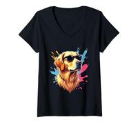Mujer Perro tipo Golden Retriever con gafas y salpicaduras colorid Camiseta Cuello V