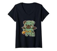 Mujer Perro Zombi con alas y Calabaza Camiseta Cuello V