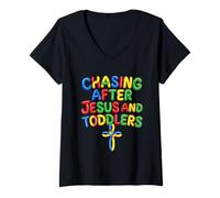 Mujer Persiguiendo a Jesús y Globos para niños pequeños Camiseta Cuello V