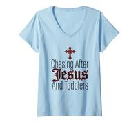Mujer Persiguiendo a Jesús y niños pequeños Camiseta Cuello V
