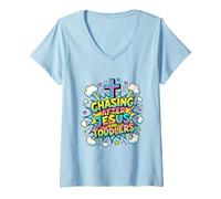 Mujer Persiguiendo a Jesús Y Niños Pequeños Pop Art Christian Camiseta Cuello V