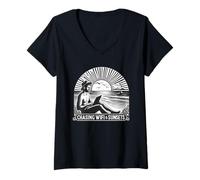 Mujer Persiguiendo WiFi y Puestas de Sol Trabajador Remoto Nómada Digital Camiseta Cuello V