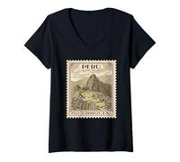Mujer Peru Machu Picchu 1923 Vintage Sello Postal Viaje Clásico Camiseta Cuello V