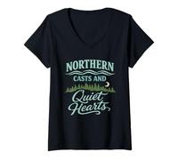 Mujer Pesca a Mosca Aguas del Norte Pesca Río Tranquilo Natural Camiseta Cuello V