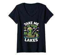 Mujer Pesca Alien Lago Vida Pescador OVNI Secuestro Nave Espacial Camiseta Cuello V