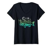 Mujer Pesca Bass Fish Mountain Star Fisherman Art Hombres Mujeres Niños Camiseta Cuello V