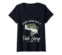 Mujer Pesca Incluso Jesús Tenía Historia De Pescado Divertido Bass Papá Christian Camiseta Cuello V