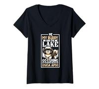 Mujer Pesca y Lhasa Apso Camiseta Cuello V