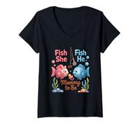 Mujer Pescado Él O Pescado Ella Mamá ToBe Género Revelar Ocean Baby Camiseta Cuello V