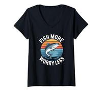 Mujer Pescado Más Preocupación Menos, Retro Sunset Fishing Lover Camiseta Cuello V