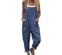 Mujer Peto Verano Largo Playsuit Casual Cómodos Color Sólido Pantalones con Tirante de Casa con Bolsillos Baggy Ligero Salopettes Curvy Algodón y Lino Mono Jumpsuit Completo de Playa, Marina militar