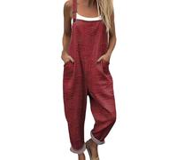 Mujer Peto Verano Largo Playsuit Casual Cómodos Color Sólido Pantalones con Tirante de Casa con Bolsillos Baggy Ligero Salopettes Curvy Algodón y Lino Mono Jumpsuit Completo de Playa, rojo, S