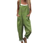 Mujer Peto Verano Largo Playsuit Casual Cómodos Color Sólido Pantalones con Tirante de Casa con Bolsillos Baggy Ligero Salopettes Curvy Algodón y Lino Mono Jumpsuit Completo de Playa, Verde, L