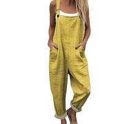 Mujer Peto Verano Largo Playsuit Casual Cómodos Color Sólido Pantalones con Tirante de Casa con Bolsillos Baggy Ligero Salopettes Curvy Algodón y Lino Mono Jumpsuit Completo de Playa, amarillo, XXXXL