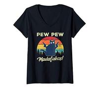 Mujer Pew Pew Madafakas Vintage Gato Loco Divertido Camiseta Cuello V