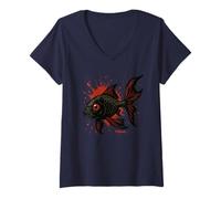 Mujer Pez Dorado Negro Ojo Rojo Splash Arte acuático Oscuro Camiseta Cuello V