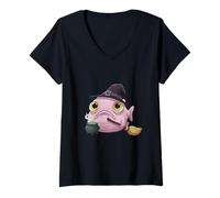 Mujer Pez Globo Divertido - Sombrero de Bruja y caldero mágico Camiseta Cuello V