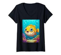 Mujer Pez Globo - pez venenoso en arrecifes de Coral Tropicales cómic Camiseta Cuello V