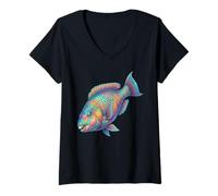 Mujer Pez Loro Océano Animal Colorido Abstracto Marino Camiseta Cuello V