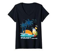 Mujer Phuket Palmeras Puesta de Sol Cóctel en la Playa Tailandia Camiseta Cuello V