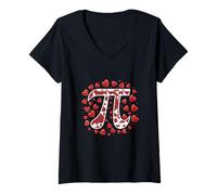 Mujer Pi rodeado de corazones patrón rojo Camiseta Cuello V