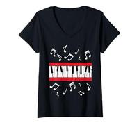 Mujer Piano Retro Música Notas Teclado Músico Pianista Clásico Camiseta Cuello V