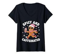 Mujer Picante y Cafeinated Cozy Gingerbread Girls Holiday Café Camiseta Cuello V