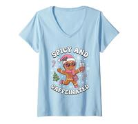 Mujer Picante y Cafeinated Cozy Pink Gingerbread Xmas Girl Coffee Camiseta Cuello V