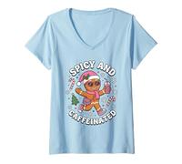 Mujer Picante y Cafeinated Cozy Pink Gingerbread Xmas Girl Coffee Camiseta Cuello V