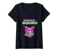 Mujer Pickle Squad Funny Cute Hog Pig and Pickle Quirky Cartoon Camiseta Cuello V